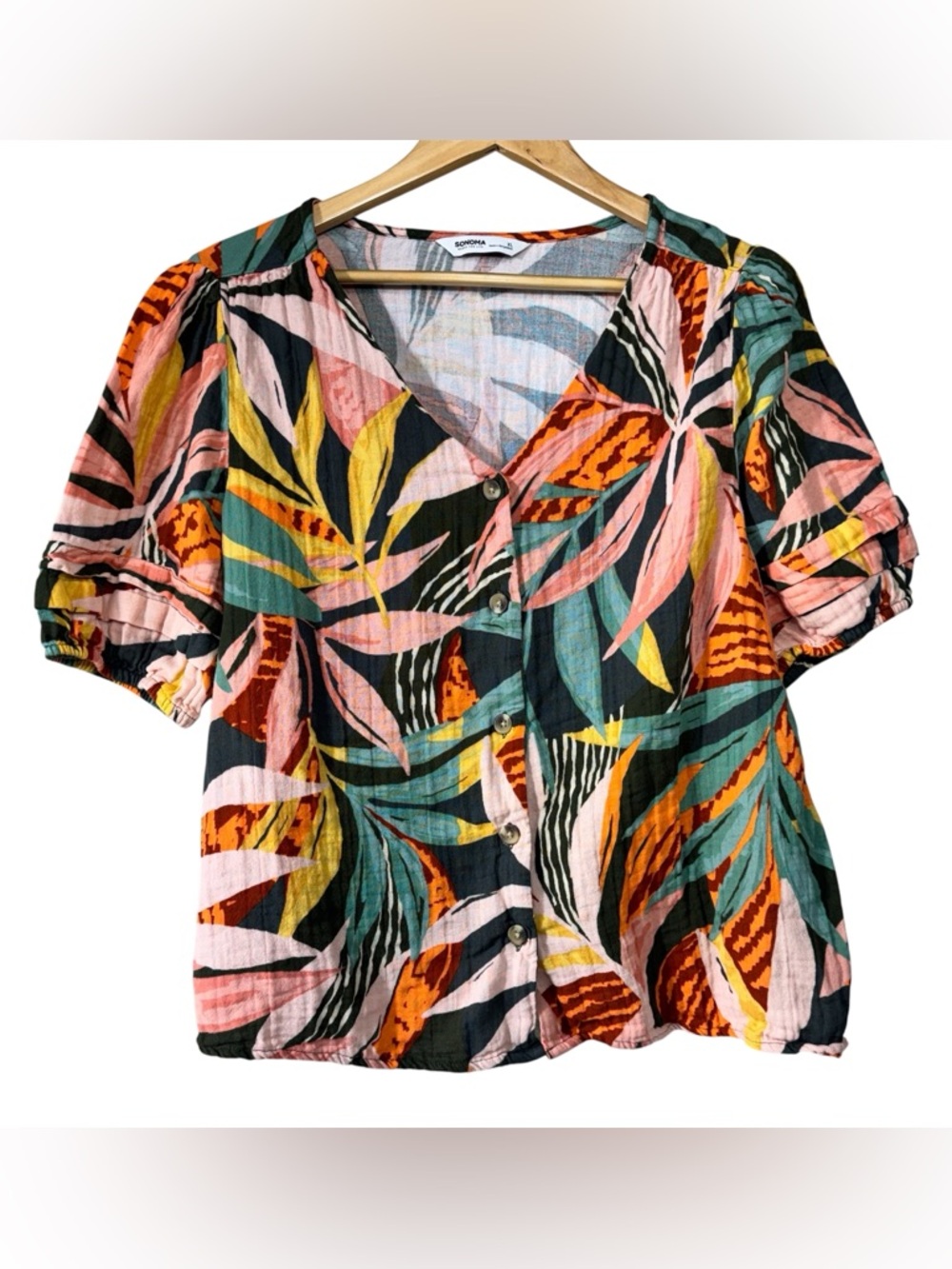 Sonoma Colorful Tropical Floral Button Puffy Short Sleeve Blouse Women’s XL